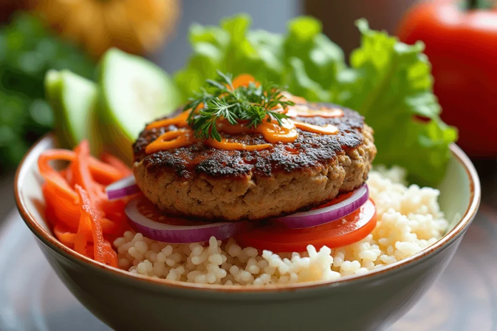 Delicious Burger Bowl with Rice and Fresh Veggies