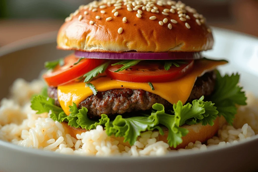 Delicious Burger Bowl with Rice and Fresh Veggies