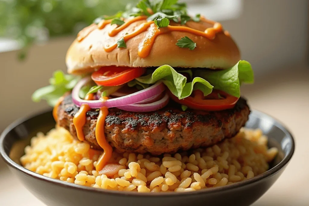 Delicious Burger Bowl with Rice and Fresh Veggies