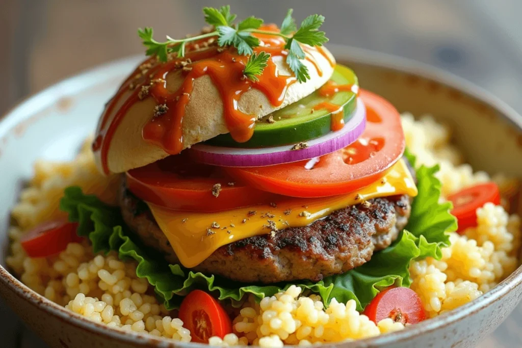 Delicious Burger Bowl with Rice and Fresh Veggies