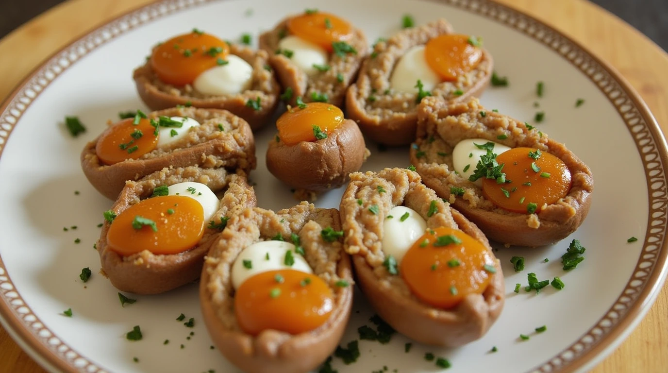 Golden, crispy Armadillo Eggs on a white platter with ranch dressing and fresh herb garnish, served in a cozy kitchen setting.