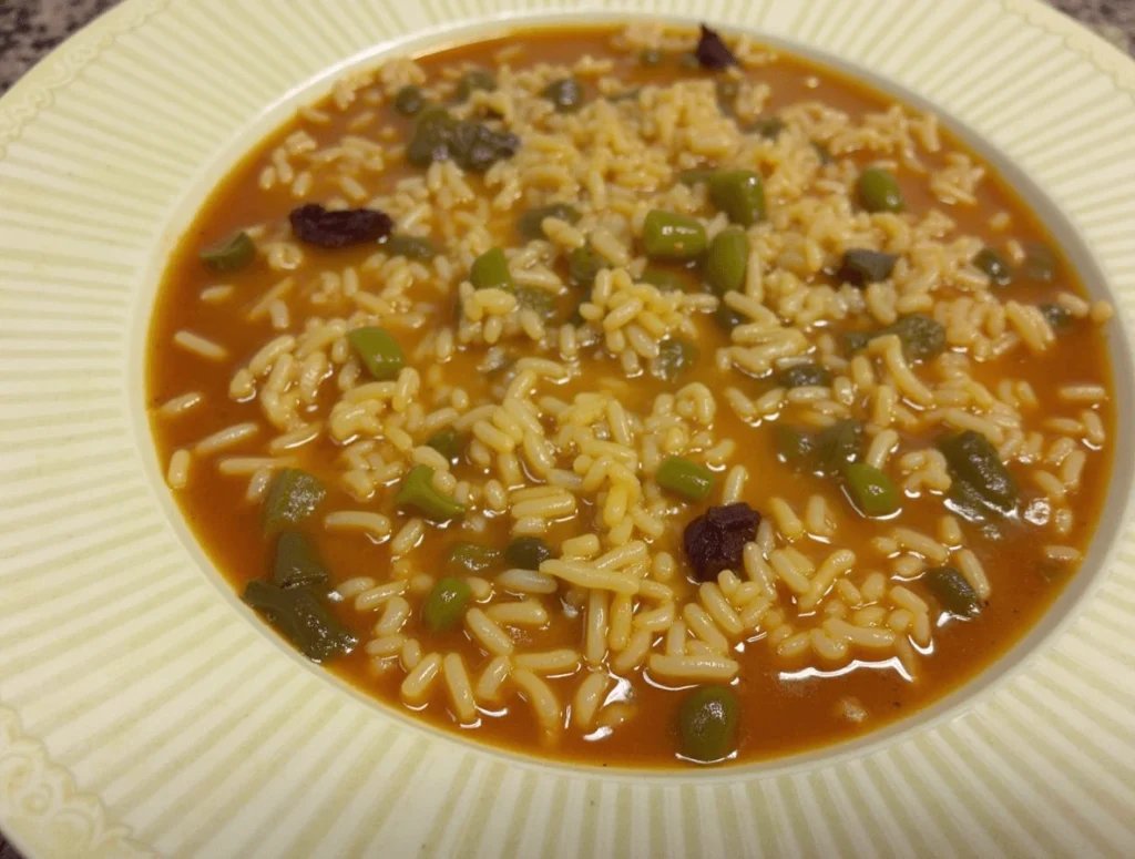 A cozy kitchen setting with a steaming bowl of Arroz de sopa de cebola francesa featuring caramelized onions, melted cheese, and fresh parsley, accompanied by toasted baguette slices.