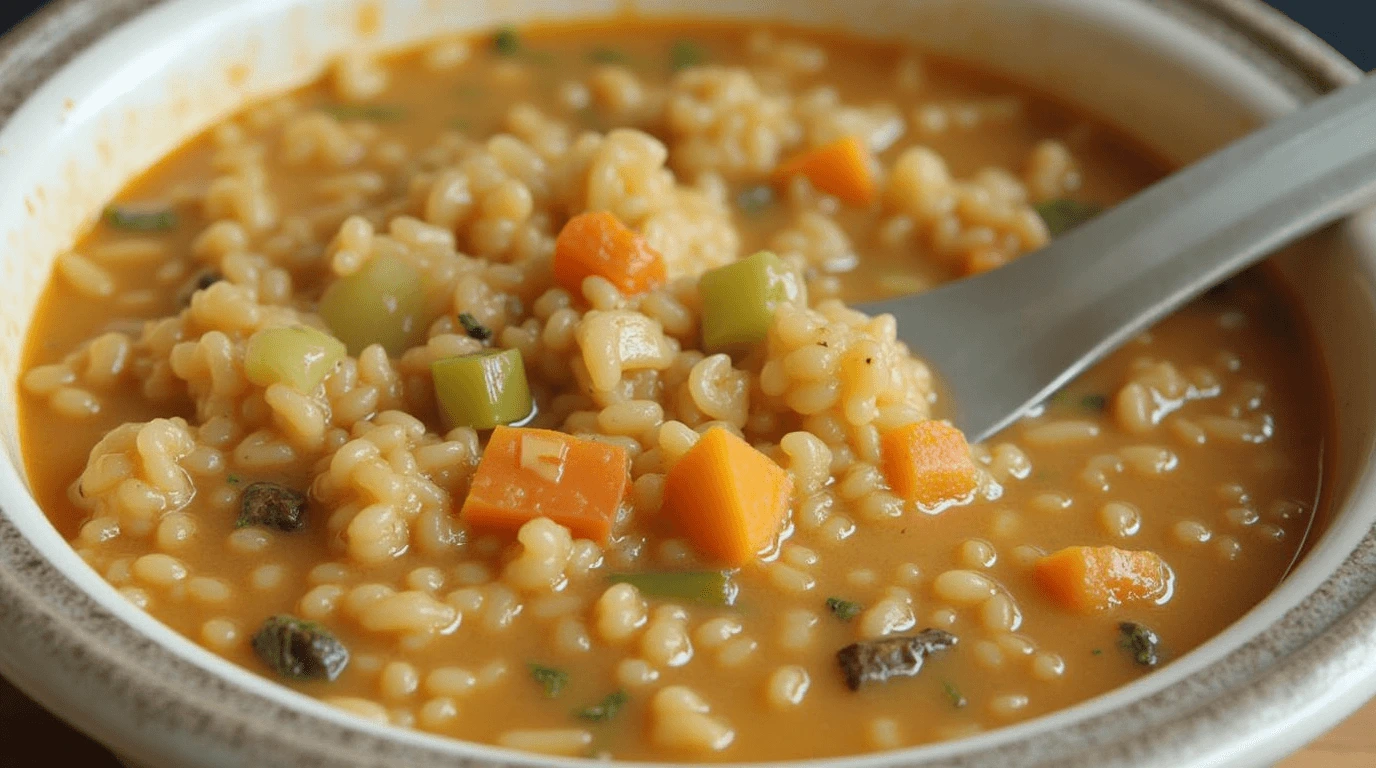 A bowl of creamy Arroz de sopa de cebola francesa with caramelized onions, melted cheese, and a garnish of parsley, served with toasted baguette slices.