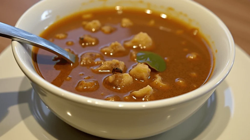 A steaming bowl of Bear Creek Soup with vegetables and herbs