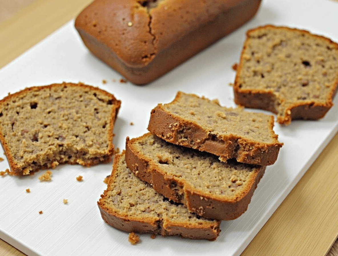 "Slice of cake mix banana bread with honey drizzle, banana slices, and coffee, set on a wooden table."