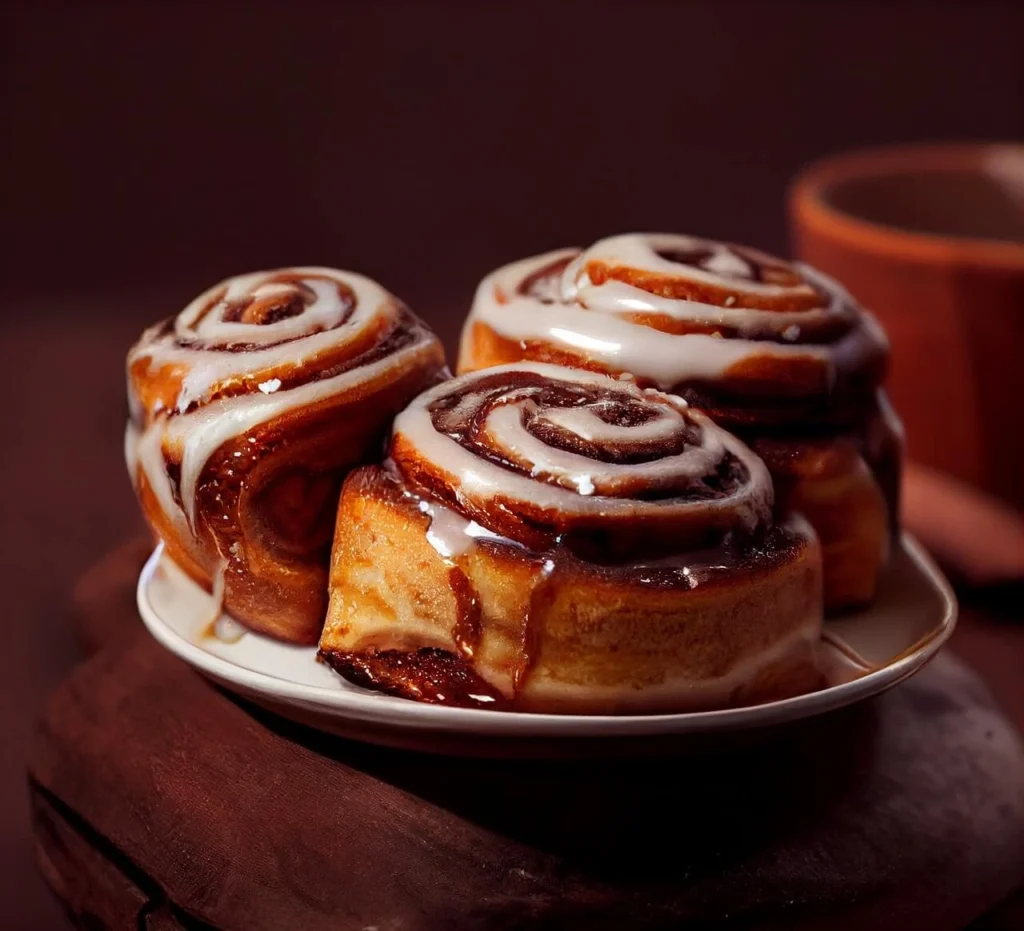 Sourdough cinnamon rolls served on a rustic wooden platter, topped with glaze, and accompanied by a cup of coffee and cinnamon sticks for a cozy breakfast setting.