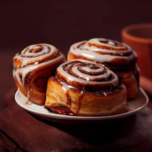 Sourdough cinnamon rolls served on a rustic wooden platter, topped with glaze, and accompanied by a cup of coffee and cinnamon sticks for a cozy breakfast setting.