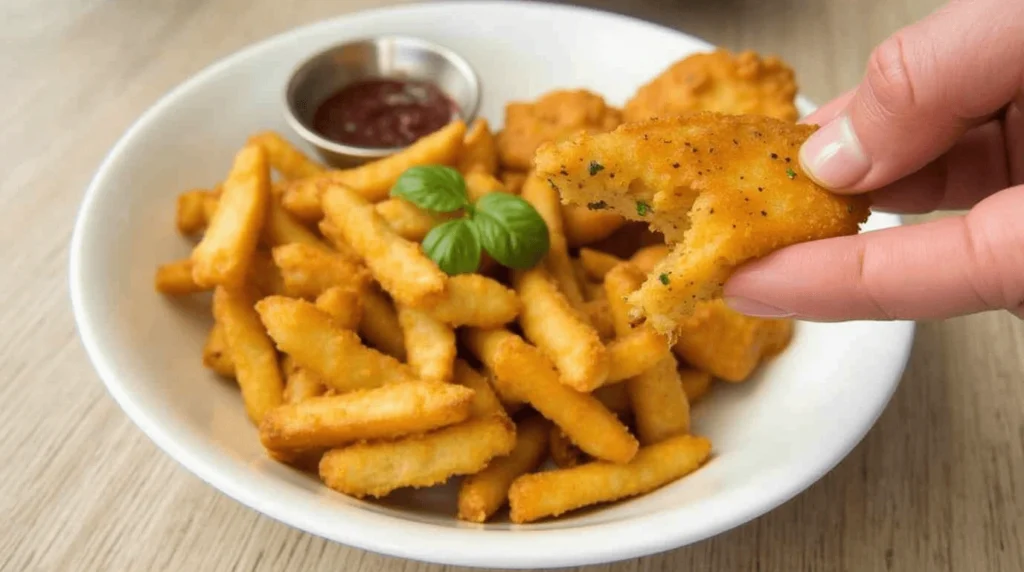 A realistic image of gluten-free fish and chips with crispy fish fillets, golden fries, tartar sauce, and lemon wedges.