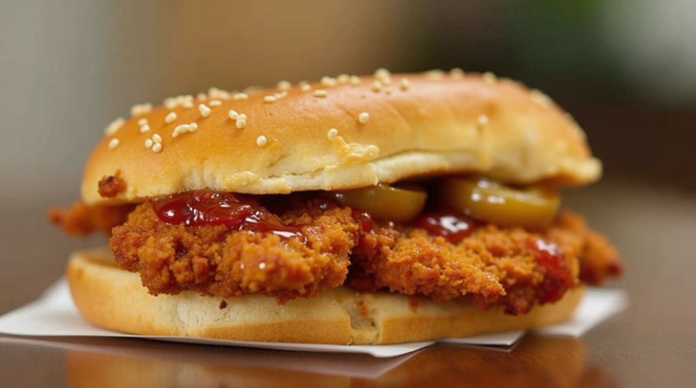 A close-up of a crispy hot honey chicken sandwich with golden fried chicken, hot honey sauce, fresh lettuce, and pickles, served with crispy fries.