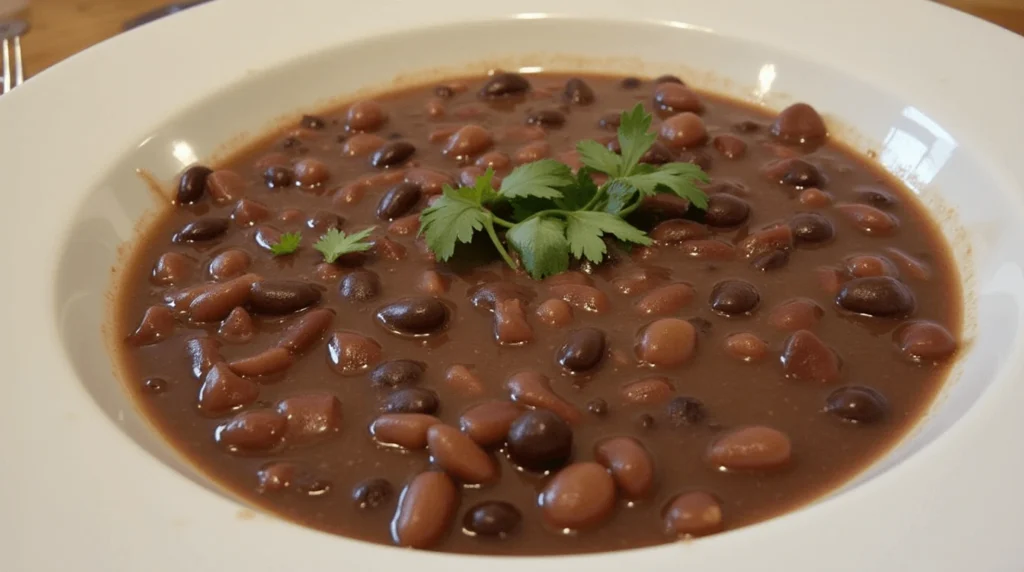 Bowl of purple black bean soup garnished with cilantro and a lime wedge, surrounded by fresh ingredients like garlic and onions on a wooden table.