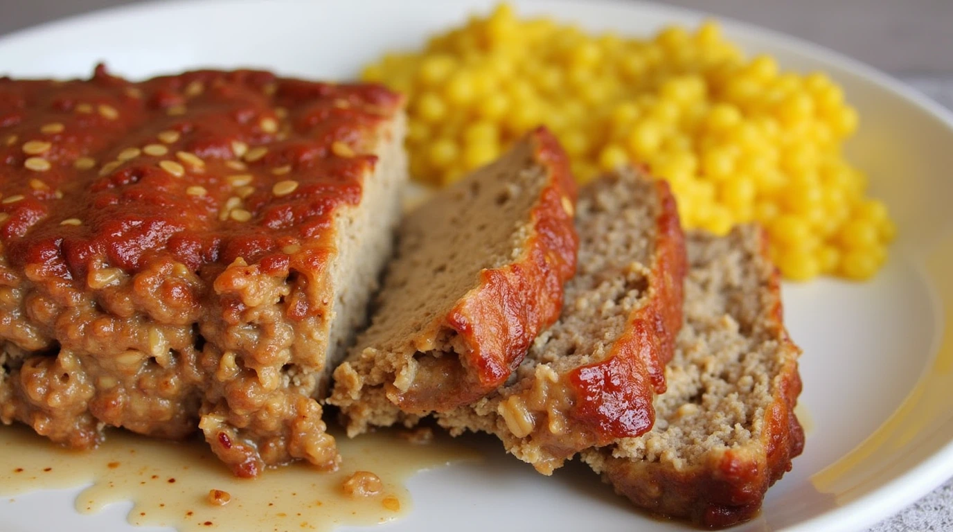 Sliced Quaker Oats Meatloaf with mashed potatoes and vegetables on a rustic dinner table.