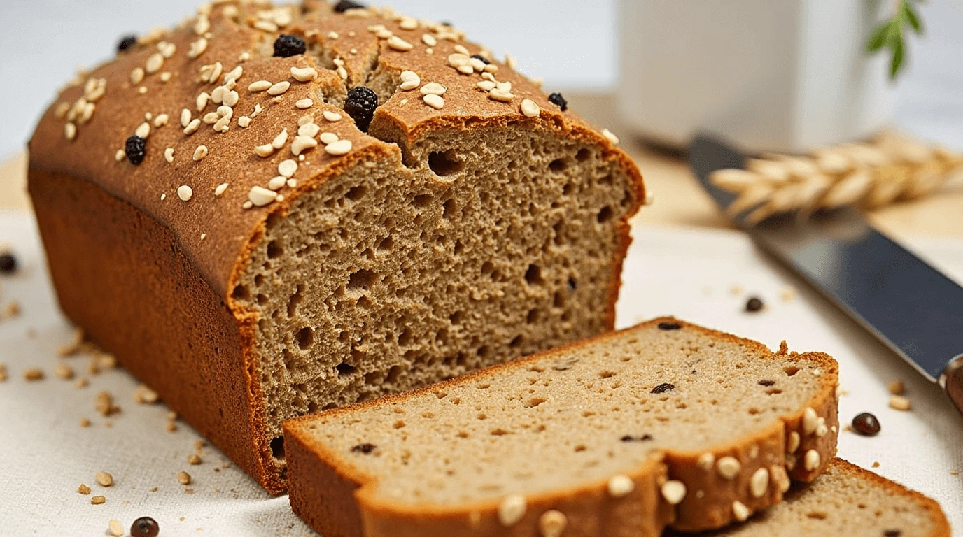 Ingredients for making wheatberry bread arranged on a kitchen countertop, including whole wheat flour, wheatberries, yeast, salt, honey, and olive oil.