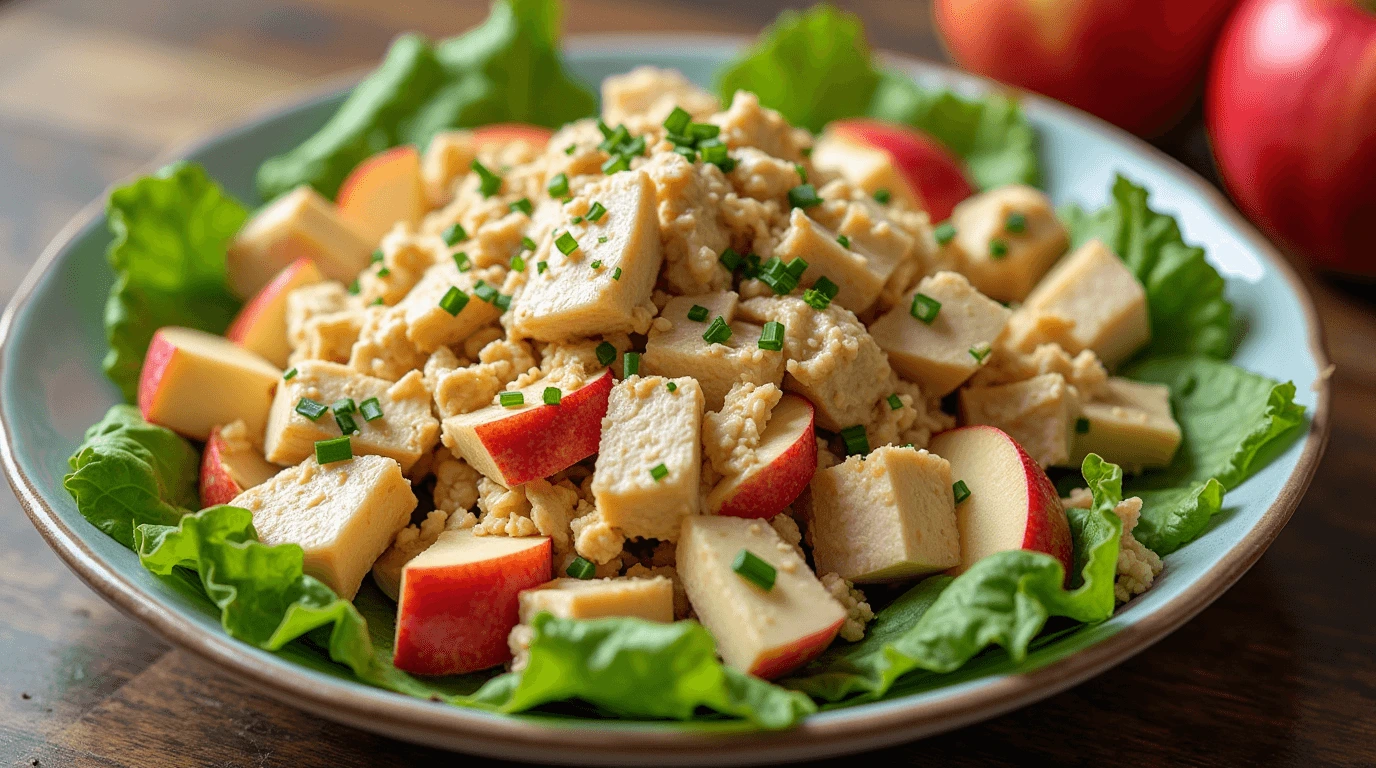 "Chicken salad with apples, featuring tender chicken breast, crisp apples, leafy greens, and walnuts in a white bowl with creamy dressing."