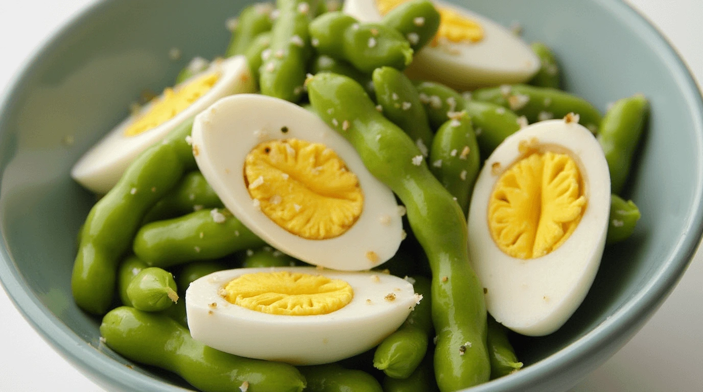 "A fresh and colorful edamame egg recipes salad with edamame, sliced boiled eggs, cherry tomatoes, and mixed greens in a white bowl on a wooden table."