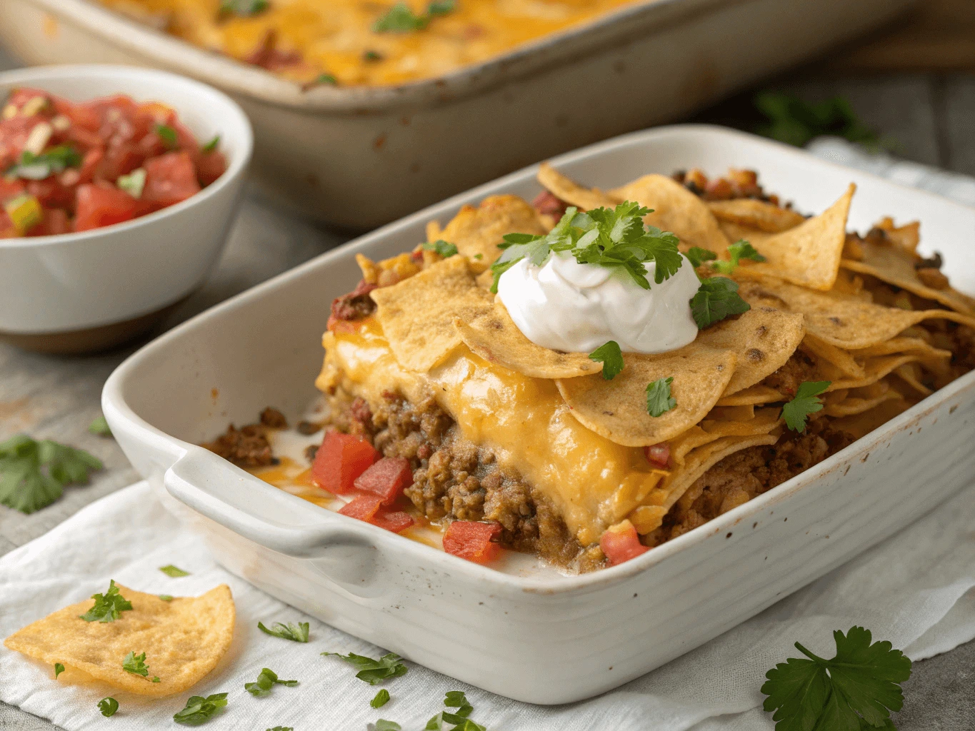 Cheesy taco potato casserole in a cast-iron baking dish, topped with melted cheddar, cilantro, and diced tomatoes, served on a rustic wooden table.